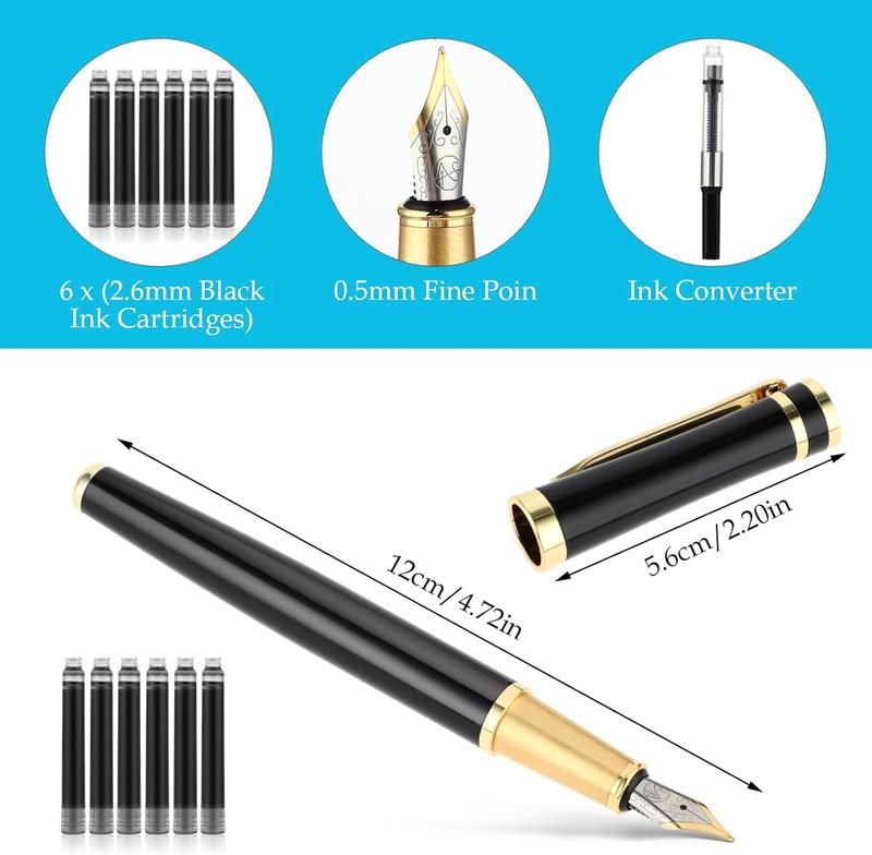 Luxury Metal Fountain Pen Set, 0.5 mm Fine Nib Fountain Pen with 6 Pcs 2.6mm Black Ink Cartridges Smooth Writing Pen Gift for Men Women Business Office Journaling