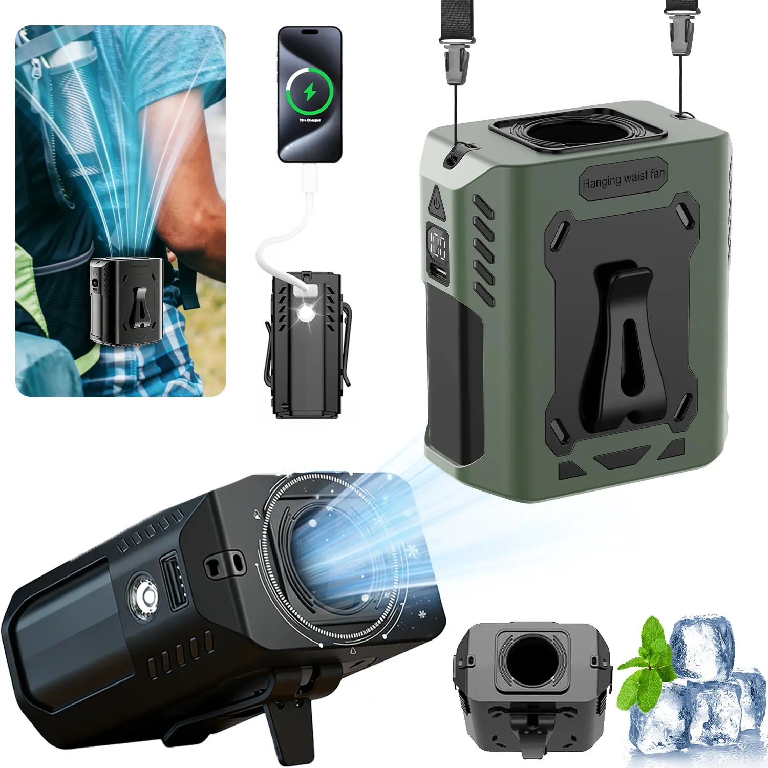 Rechargeable Waist Fan,Portable Summer Fan with 5-Speed Settings, Personal Belt Clip On Waist Portable Cooling Fan,Hands-Free Hanging Neck Fan, Wearable Belt Fan for Camping, Outdoor