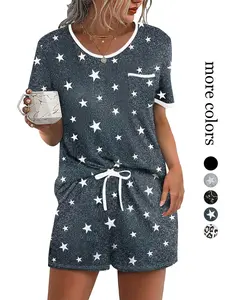 Women's Casual Short Sleeve Loungewear Set, Round Neck Pocket Design, Breathable Soft Fabric, Home & Outdoor Wear, Two-Piece Sleepwear Pajama Set Pjs