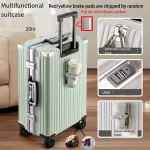 20/24Inch Aluminum Frame Hardside Spinner Wheels Luggage, Zipperless Checked Super Large Captain Suitcase with Cup Holder/USB Port