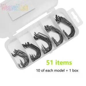 51Pcs Crank Hooks Set with 5-Grid Storage Box, Black Nickel Texas Rig Fishing Hooks, Premium Bait Hooks Freshwater Saltwater Fishing Gear Accessories