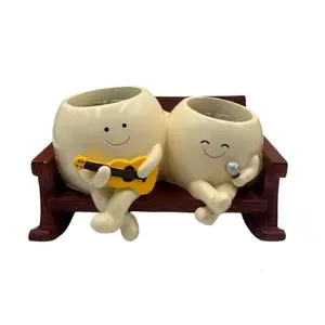 Creative Singing & Guitar Playing Double Rocking Chair Resin Planter Pot, Cute Cartoon Succulent Pot for Home Office Decor, Home Decor Pots, Stylish Desk Accessory, Perfect Gift Idea, Enhance Your Workspace