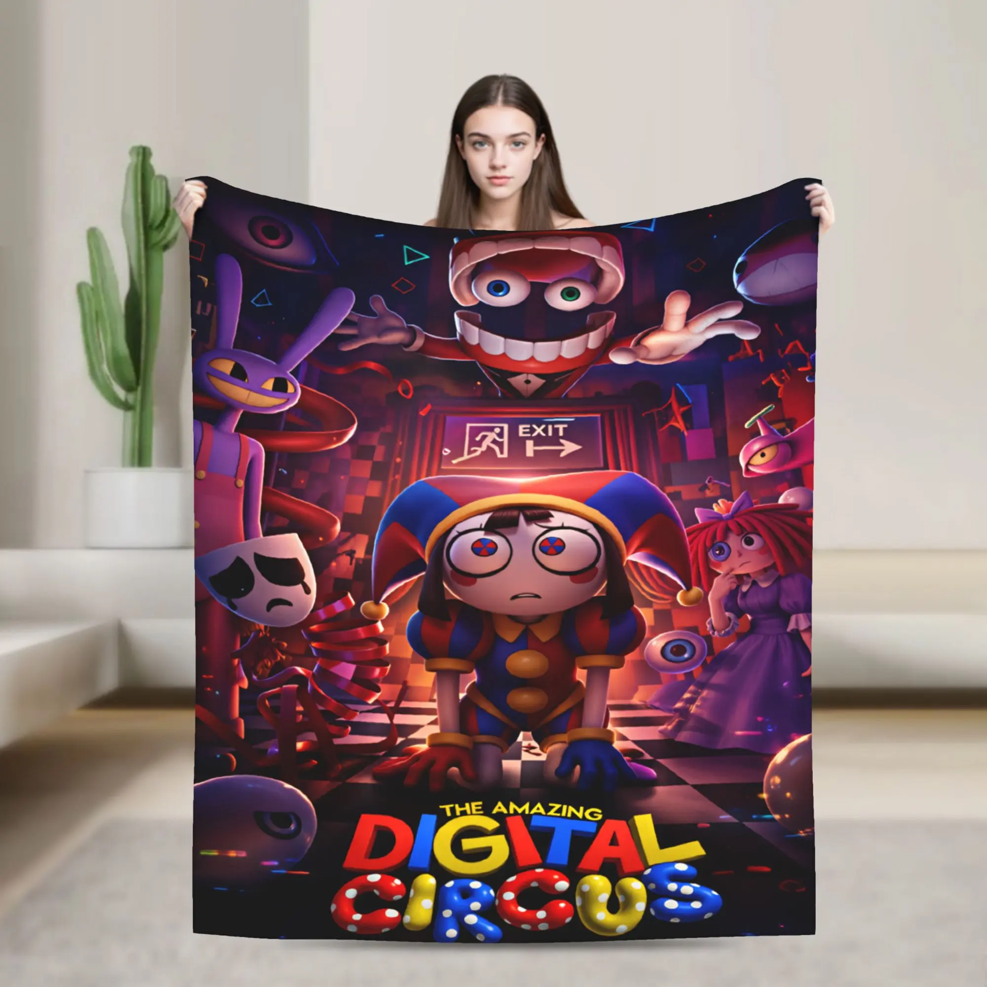 The Amazing Digital Circus Themed Flannel Blanket, Anime Pattern Blanket, Warm Cozy Blankets for Sofa Chairs Bed Office Home, Perfect for Cartoon Fans Gift