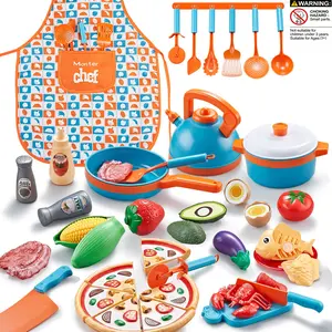 46pcs Kids Kitchen Toy Set, Pretend Play Set, Includes Cooking Utensils, Pizza, Fruit Vegetables, Apron, Perfect Gift for Boys and Girls