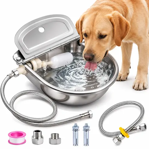 Automatic Stainless Steel Dog Water Bowl with Float Valve, Self-Filling Water Dispenser for Large Dogs and Outdoor Pets
