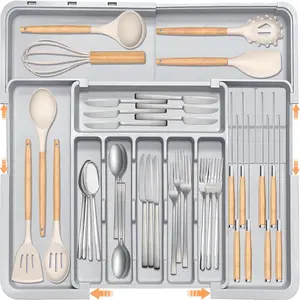 Silverware Drawer Organizer for Kitchen, Adjustable Utensil Drawer Organizer with 2  Block,  Flatware and Cutlery Holder, Expandable Plastic Storage for Spoons Forks (Grey)