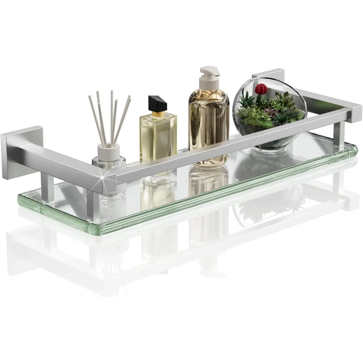 16-Inch Wall-Mount Brushed Nickel Floating Bathroom Glass Shelf - Transparent Ultra-Strong Tempered Glass, Stainless Steel Railing, Modern Space Saver for Bathrooms, Kitchens