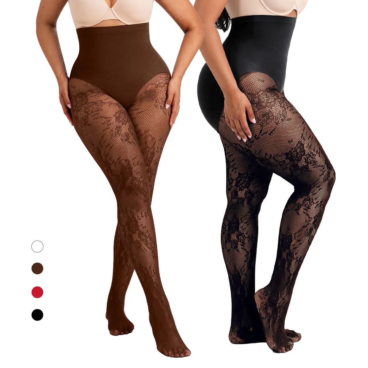 SHAPELLX Women‘s High-Waist Shaping Tights with Floral Lace, Light Control Tummy Support Pantyhose, Anti-Slip Waistband & Breathable Mesh for Daily Wear
