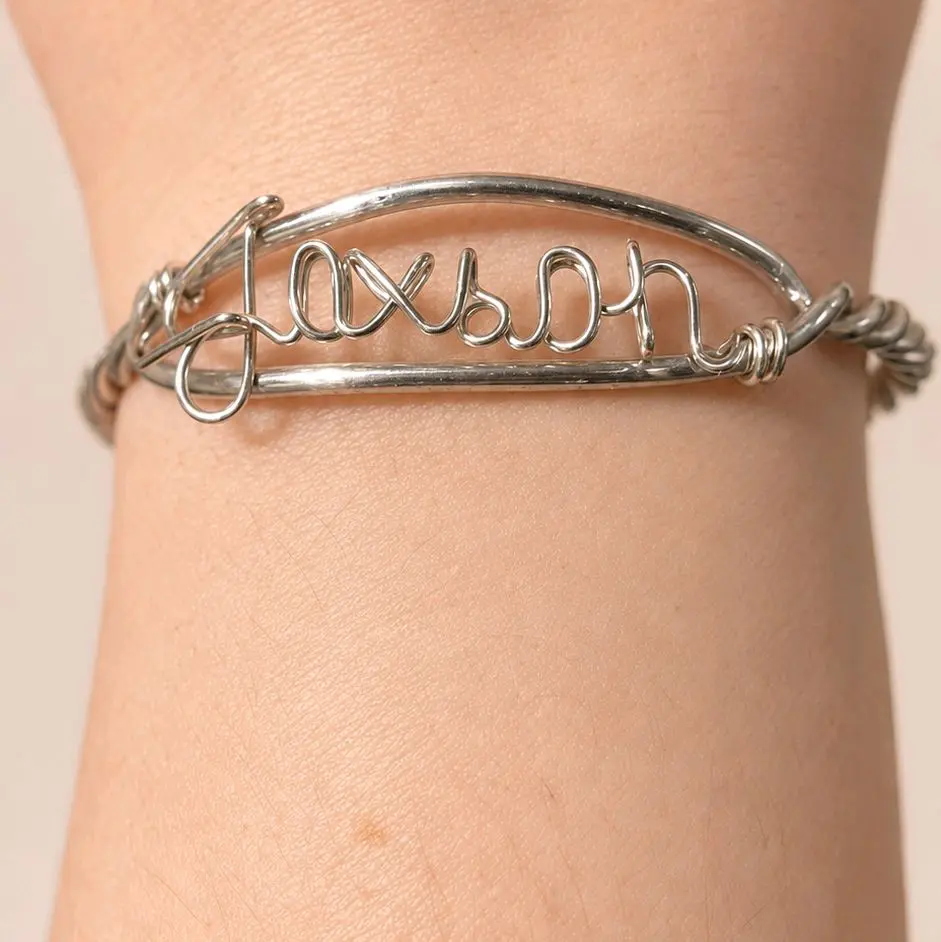 Custom Framed Name Bangle, Wire Metal Bracelet with Name Frame, Adjustable Size Unisex Wear for Personal Gift