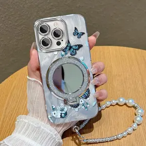 1 Piece iPhone 13 Pro Phone CasesMagnificent butterflies bracket and beaded lanyard Pattern Casual Ready Comfortable feel Suitable For iPhone 13 Pro Case With Waves