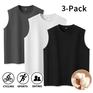 3-Pack Men’s Crew Neck Cotton Sleeveless Tank Tops, Solid Color, Loose Fit, Basic Undershirts, Soft & Breathable Athletic Vests for Cycling, Sports, Dating, Casual Wear, and Commuting