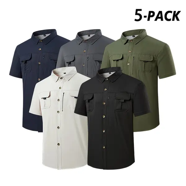 Men’s summer solid-color loose casual short-sleeve workwear shirt with multiple pockets and zipper details, relaxed fit, lightweight design, suitable for daily commuting, outdoor activities, and office wear; men’s apparel top.