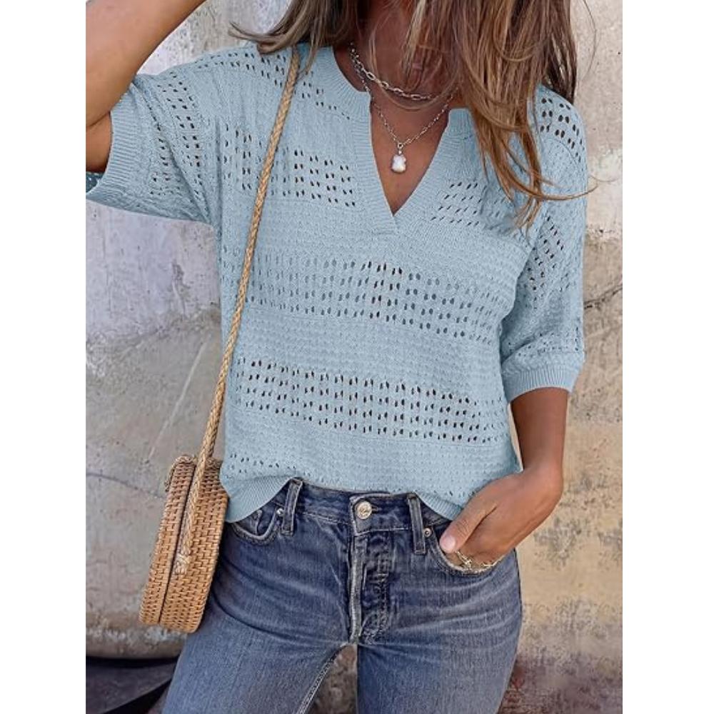 PRETTYGARDEN Womens Crochet Tops Casual Cotton Hollow Out Knit Short Sleeve Oversized Sweater for Women Summer Beach Cover Up