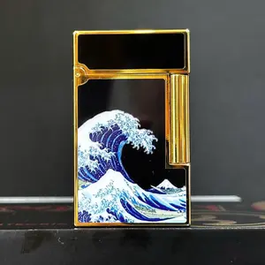 S.T. Dupont Line 2 Fire Theme The Great Wave of Kanagawa D2C09 Black & Gold Lacquer Lighter with 2 Sparks Solid Stainless Steel Alloy 37 x 62 x 11mm
