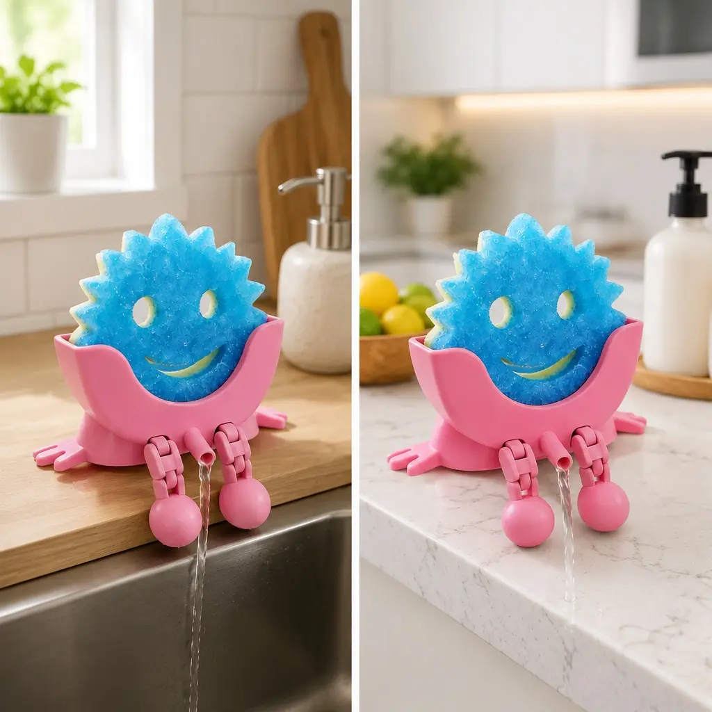 Cute Smiley Face Sponge Rack with Drain Holes - 1-Piece Compact Durable Home Supplies Kitchen Sink Accessory Organizer (Does Not Include Sponge), One Piece