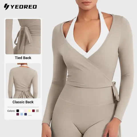 YEOREO Ease Women's Long Sleeve Tie-Wrap V-Neck Cropped Fitness Sport Top - Gym Clothes Women, Exercise Gym Apparel Built for Yoga & Pilates, Workout Essentials,outdoorfun