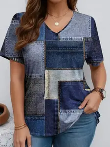 Summer New Loose Fit Casual V-Neck Denim Print Patchwork Plus Size T-Shirt for Women, Comfortable and Stylish Summer Top, Perfect for Daily Wear