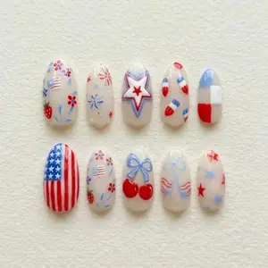4th of July Cherry Flag Press On Nails: USA Patriotic Summer Style Gift Set