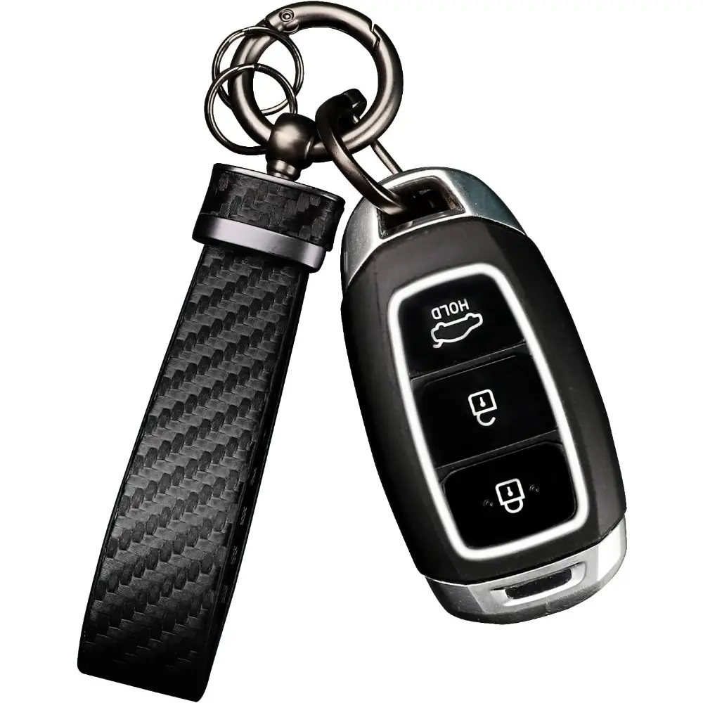 Genuine Leather Car Keychain with Carbon Fiber Interior, Quick-Release Anti-Lost D-Ring Vehicle Accessory, Sport Look - Ideal Gift for Boyfriend (Black)