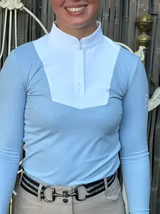 Baby Blue and white two tone Equestrian long sleeve hunter show shirt logo on sleeve