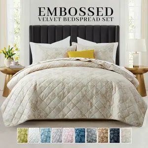 RQ Embossed Velvet Bedspread Set | Soft Embossed Aesthetic Quilt Coverlet, Lightweight & Breathable All-Season Bedding | Twin (1 Pillow-Sham), Queen & King (2 Pillow-Shams)