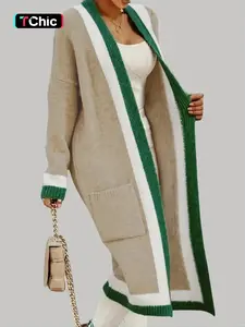 Women's Contrast Binding Pocket Drop Shoulder Open Front Midi Cardigan, Casual Long Sleeve Cardigan Sweater for Fall & Winter, Women's Knit Clothing for Daily Wear, Lightweight Knit Sweater