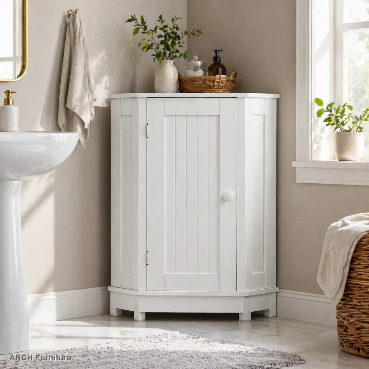Modern Accent Adjustable Storage Corner Floor Cabinet - White Triangle Corner, MDF Board, Compact for Apartments, Indoor Cupboard with Adjustable Shelves (Old SKU: WF291477AAK), Corner Floor Cabinets