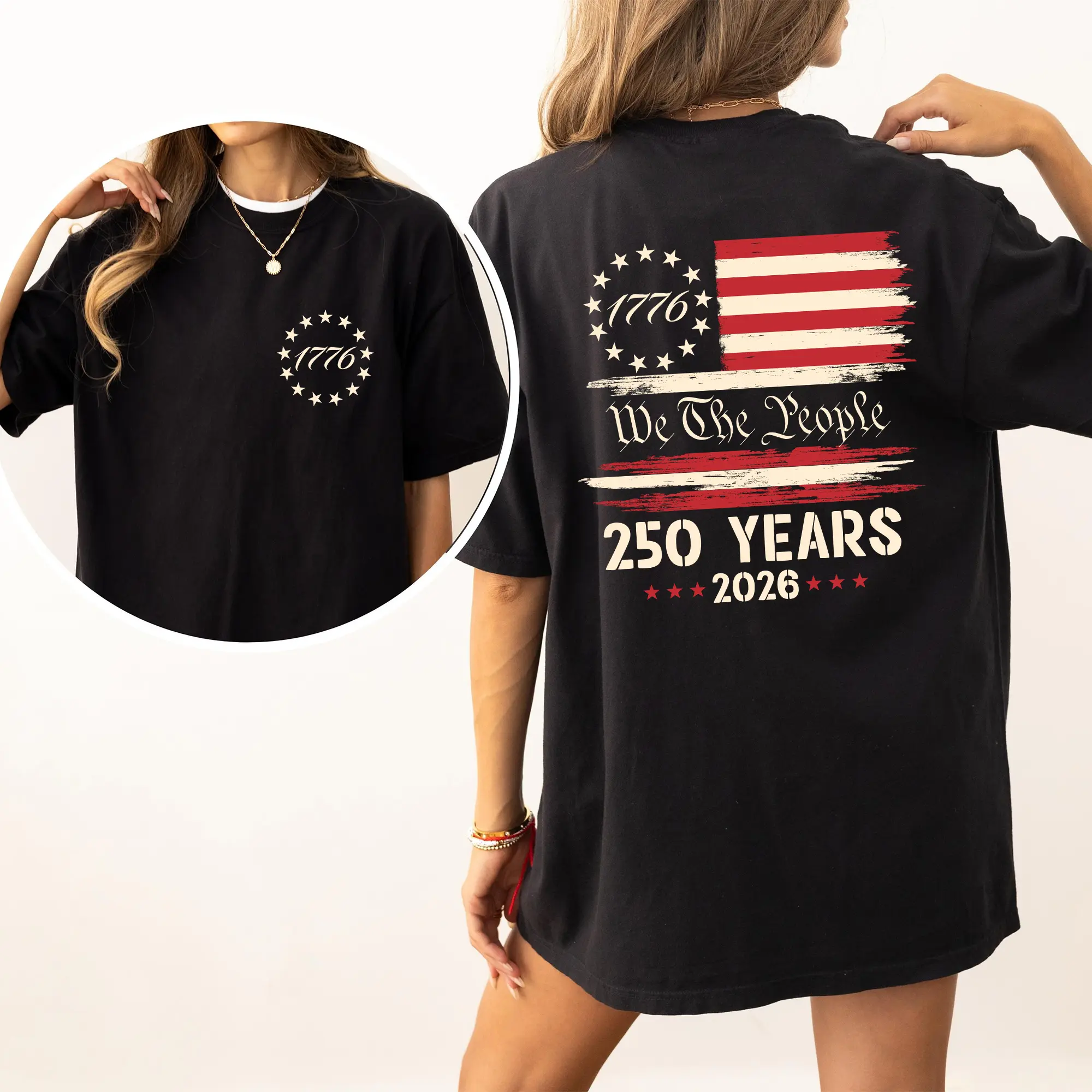 Women's MAPTEES America 250th Anniversary Comfort Colors T-shirt, Chic Streetwear Oversized Printed Comfortable Patriotic Military Graphic Top for Veteran Day, Independence Day