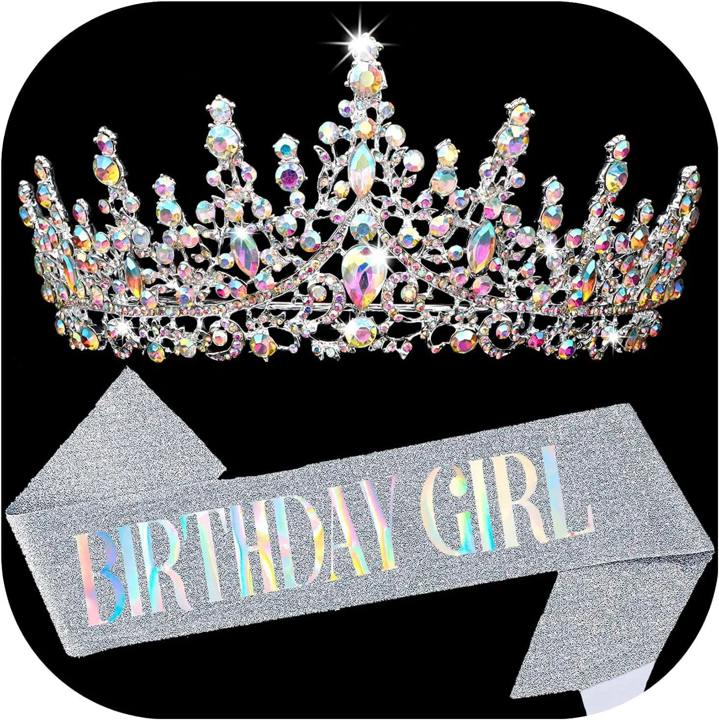Sash for Women Happy Birthday Sashes and Crowns for  Crystal Tiaras for Princess Silver Party Decoration for Gift Headband Supplies Accessories Favor