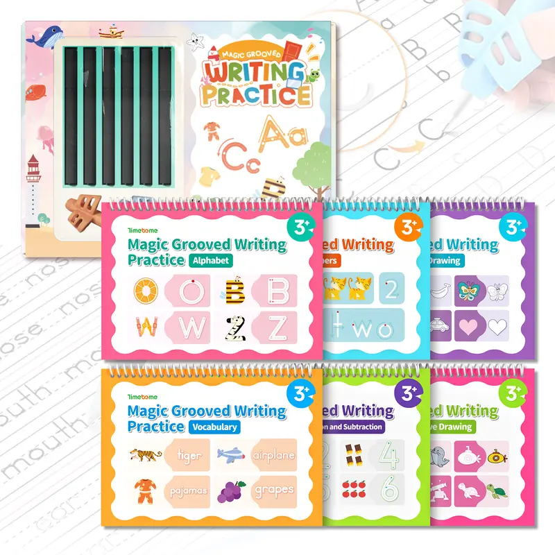[SpringGlowUP]2026-Timetome Reusable Grooved Handwriting Workbook for Kids, Learning Materials, 6 Books–Early Elementary,Math, Words, Drawing –Gift for Child