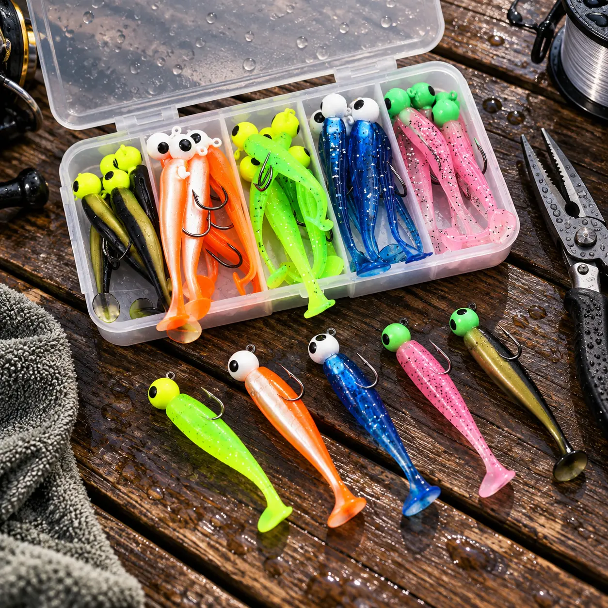 25-Piece Pre-Rigged T-Tail Soft Bait Jig Hook Set – 3.5g Jig Heads with 5.5cm Swimbaits, 5 Colors, Ready to Fish!