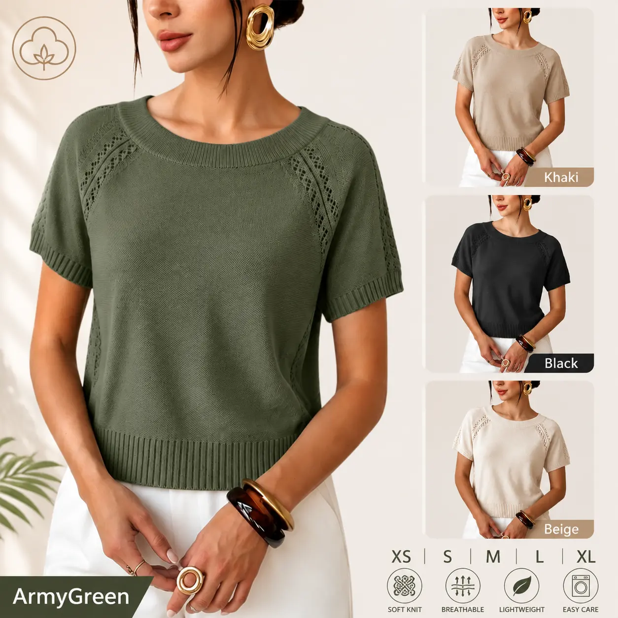 Yeokou Women's Crochet-Knitted Short-Sleeve Crew Neck Loose-Fit Pullover - Comfortable, Cozy, Soft Knitted Women's Tops for Summer Fall Fashion, Comfortable Women's Pullovers, Cozy Women's Pullovers,back to school,back to school shopping