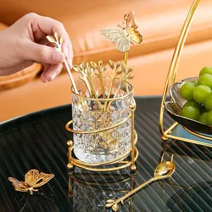 6PCS Coffee Spoons Set with Glass Holder,Small Stainless Steel Gold Tea Spoon,Mini Dessert Spoons Set for Fruit,Stirring, Mixing, Sugar, Ice Cream, Cake (6 x Spoons)