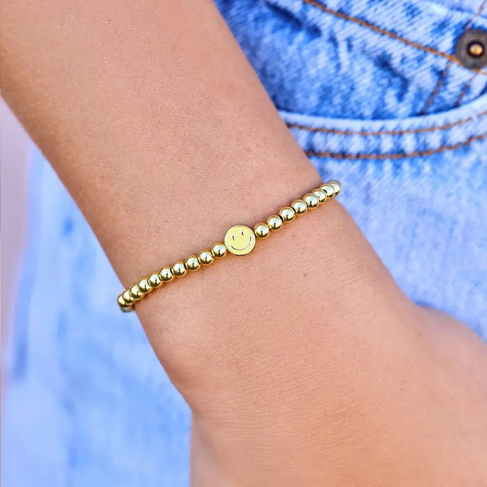 Pura Vida Happy Face Gold Ball Stretch Bracelet