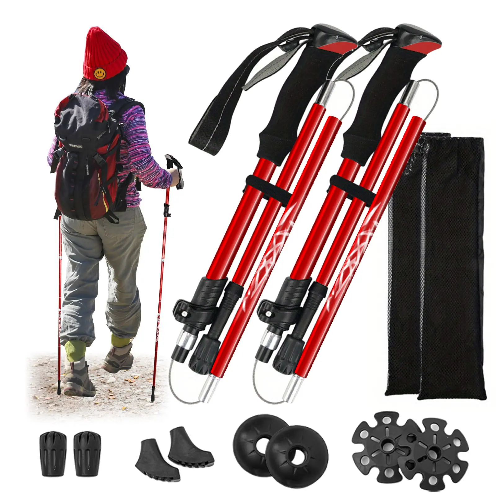 2-Pieces Adjustable Length Hiking Canes, 5-Section Foldable Aluminum Alloy Poles (135–34.5 cm / 53–13.5 in, 270g) – Lightweight, Sturdy, Outdoor Mountaineering Gear with Complete Accessories & Storage Bag