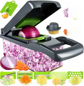 Vegetable Chopper, Pro Onion Chopper, Multifunctional 13 in 1 Food Chopper, Kitchen Vegetable Slicer Dicer Cutter,Veggie Chopper With 8 Blades,Carrot and Garlic Chopper With Container… Stainless Steel