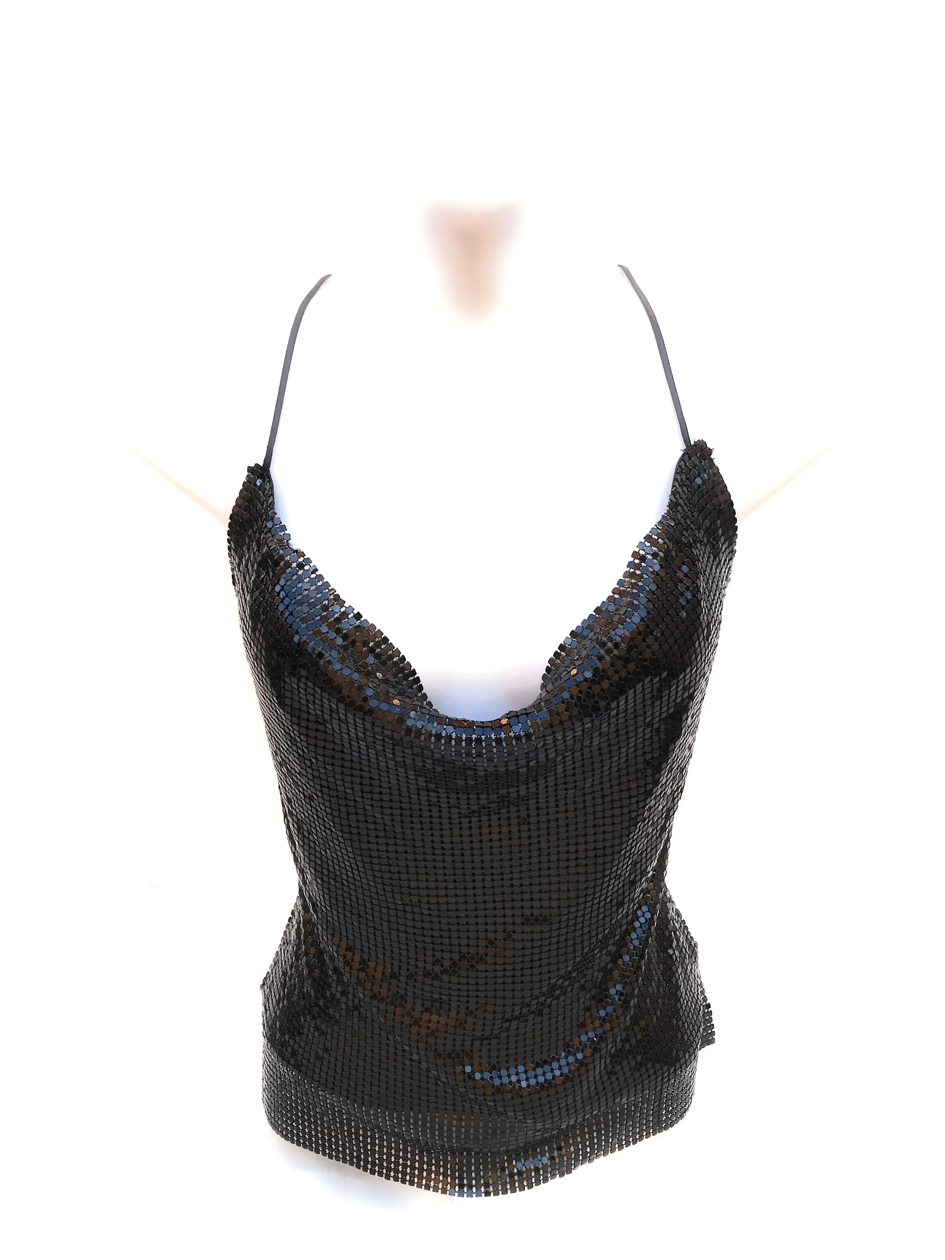 Small Size Metal Mesh Halter Top Sexy Shiny Party Nightclub Wedding Prom Tops for Women Fitted Womenswear Adjustable Backless Drawstring Straps