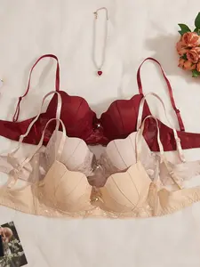 French Elegant Lace Petal Cups Push-Up Steel Ring Gathered Women's Lingerie Three-Piece Set, Ditsy Floral Pattern, Max Support, Fit
