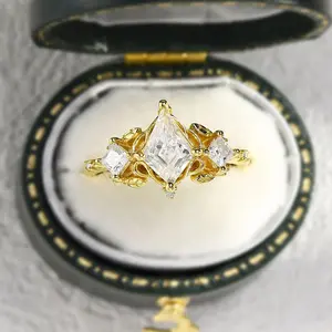 Unique Kite Three Stone Moissanite Leaf Ring
