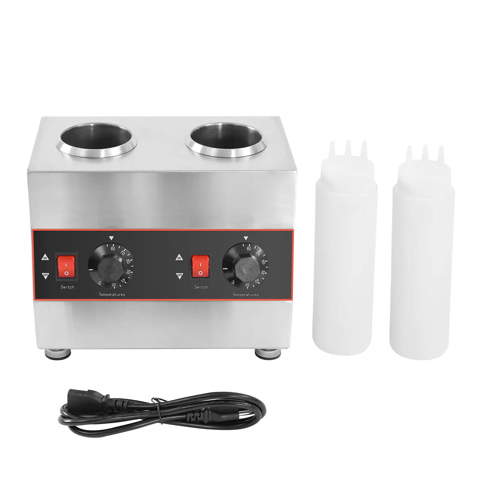 Corded Stainless Steel 2-Bottle Sauce Warmer Set, 110V 320W, 650ml Capacity, 30-85°C Adjustable Temp Control, 28.5×19.5×23cm Rectangular PVC-Lined Compact Unit, 3.4kg for Coffee Shops & Commercial Kitchens
