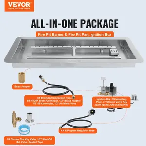 VEVOR 24x 8 inch Drop-in Fire Pit Pan, Rectangular Stainless Steel Fire Pit Burner Kit, Propane Gas Fire Pan 120, 000 BTU with H-Burner for Indoor or Outdoor Use