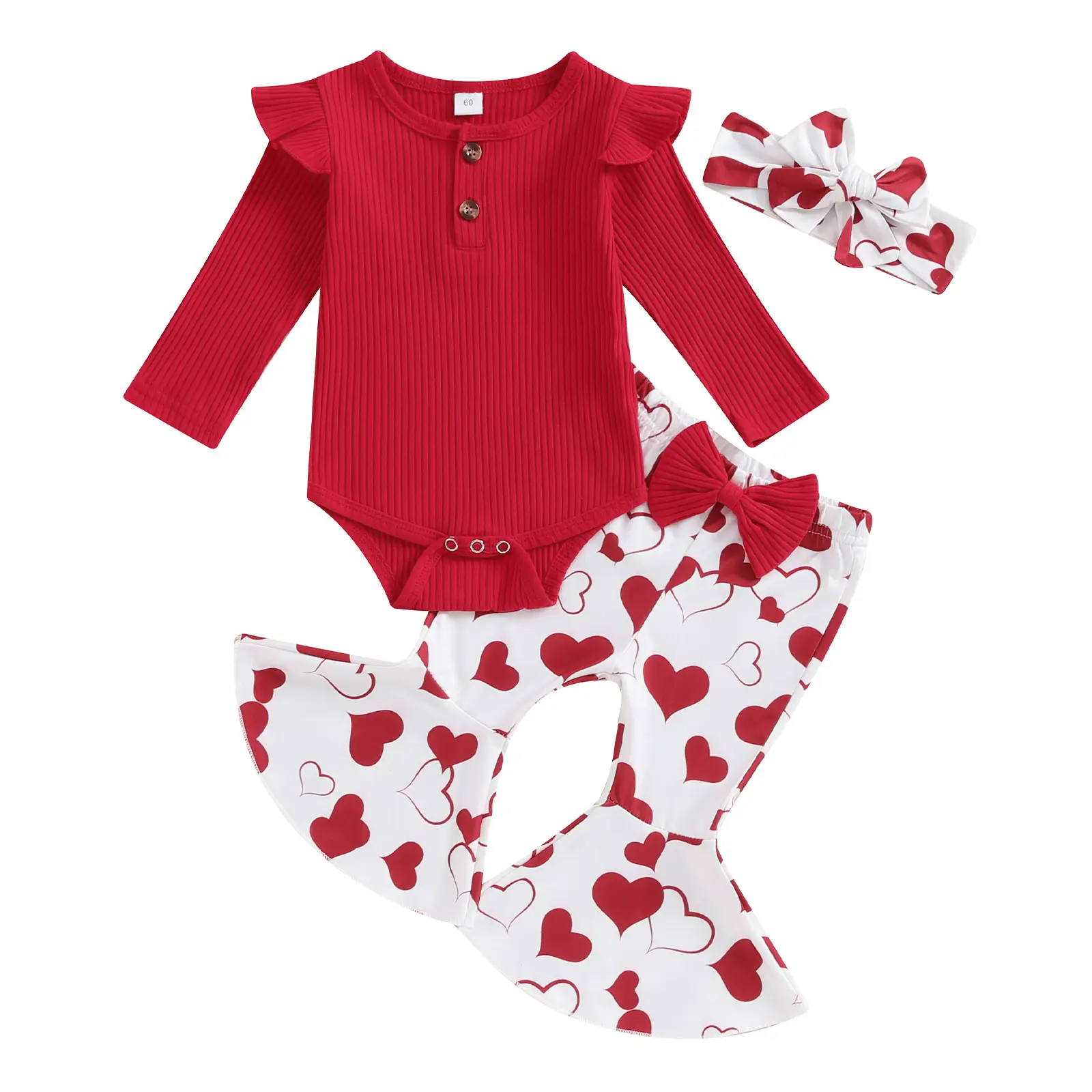 Baby Girls Valentine’s Day Outfits Long Sleeve Bodysuit Ribbed Knit Romper + Heart Flare Pants + Headband Set Infant Clothes