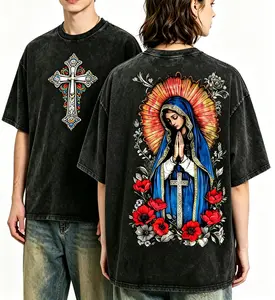 Women's Classic Heavy Cotton Crew Neck Short-Sleeve Loose-Fitting T-Shirt - Easter Virgin Mary Graphic Print, Washed Black Gothic Streetwear, Athletic Casual Summer Top for Outdoors Yoga Exercises