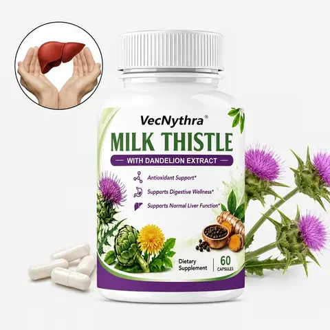VecNythra Milk Thistle Supplement, 200mg Per Serving, 80% Silymarin Liver Support Formula, Herbal Extract, 60 Capsules