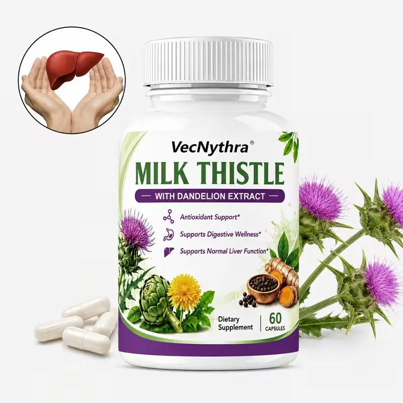 VecNythra Milk Thistle Supplement, 200mg Per Serving, 80% Silymarin Liver Support Formula, Herbal Extract, 60 Capsules