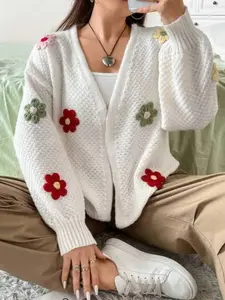 Women's Floral Pattern Fitted Open Cardigan, Casual Fall & Winter Fashion, Plain Design, Comfortable and Stylish Outerwear, Knitwear