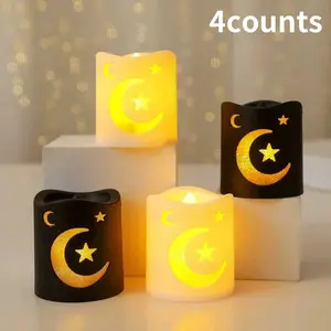 4 Pieces Ramadan LED Electronic Candle Star Moon Pattern Decorative Lights, LED Candles, Perfect for Ramadan Festival Atmosphere Decoration