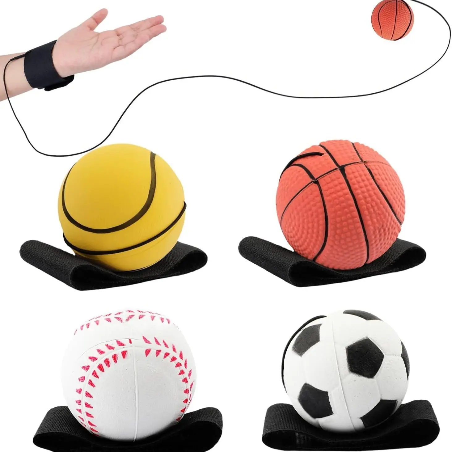 4Pack 2.36 Inch Wrist Return Balls Wristband Ball Rubber PU Ball Rebound Bouncy Sport Ball Soft Ball (Basketball, Baseball, Soccer,Tennis) on Elastic String Wrist Exercise or Play,Gift Toy for Kids Teens Adults