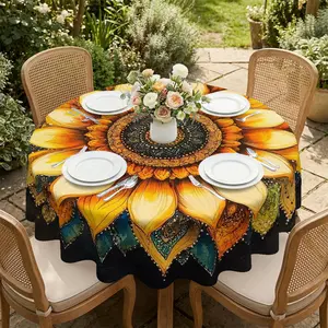 Sunflower Mandala Pattern Printed Round Tablecloth, Rural Vitality Style, Suitable for All Seasons, Reusable Round Tablecloth, Suitable for Living Room, Dining Room, Balcony Scenes