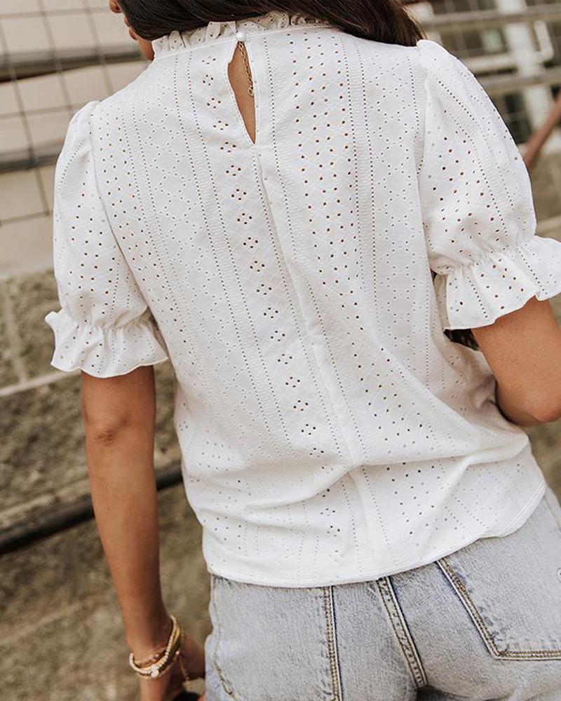 ChicMe Women's Elegant Eyelet Mock Neck Puff Sleeve Blouse Casual Summer Hollow Out Embroidered Pullover Top